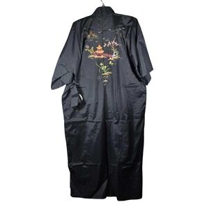 Longevity Japanese Kimono Robe Black Embroidered Pagoda Vintage - Womens Size XL